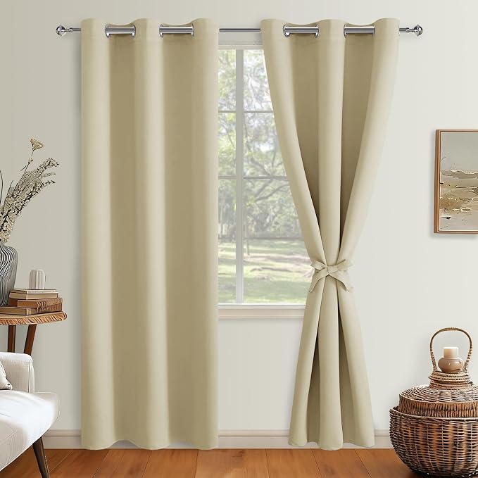 Hiasan Blackout Curtains for Bedroom, 42 x 84 Inches Long - Thermal Insulated & Light Blocking Window Curtains for Living Room, 2 Drape Panels Sewn with Tiebacks, Light Beige