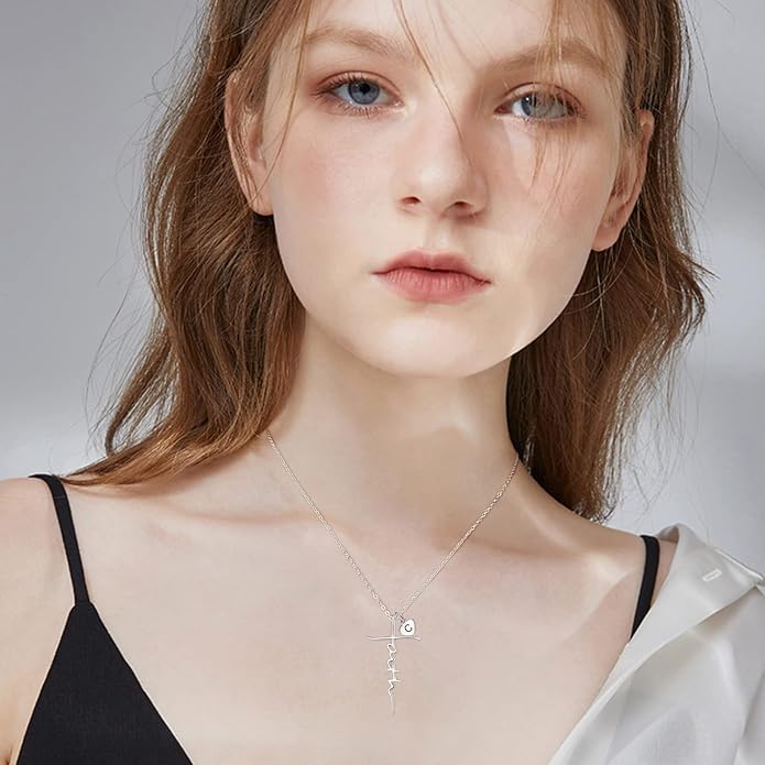 PRAYMOS Faith Cross Necklace for Women 925 Sterling Silver Pendant Necklace With Birthstone Initial Christian Religious Confirmation Baptism Mothers Day Gifts