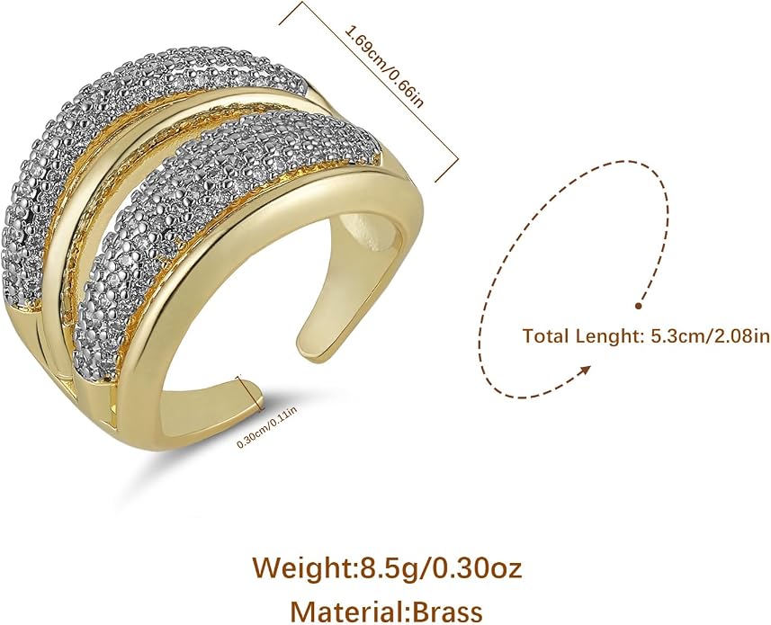HZMAN 14K Gold Plated Brass Open Ring Collection for Women, Non-Adjustable Crystal Inlay Statement Rings, Wide Band Cocktail Jewelry Assorted Styles