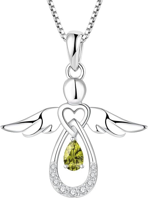 FJ Guardian Angel Necklace 925 Sterling Silver Birthstone Pendant Angel Jewelry Gifts for Women
