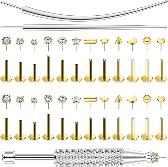 20/18/16g Gold Flat Back Threadless Earrings Nose Rings Lip Studs Surgical Steel Piercing Jewelry for Women Men