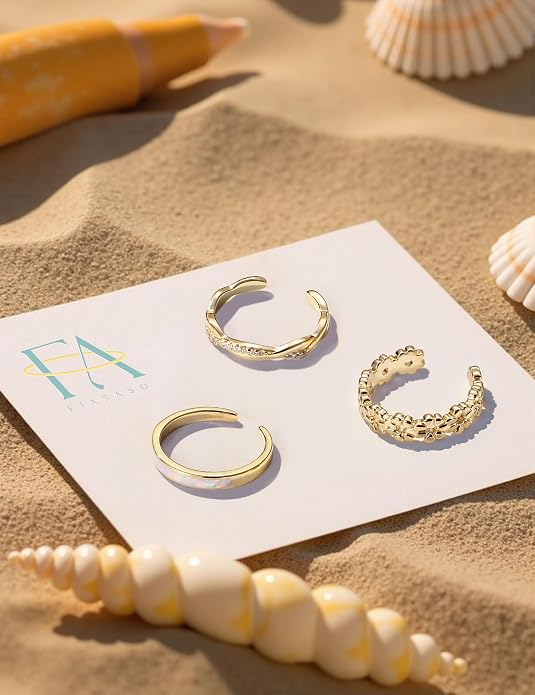 FIASASO 3Pcs 925 Sterling Silver Toe Rings for Women Adjustable 14K White Gold Plated Flower Twist Opal Band Rings Summer Beach Open Toe Rings Foot Jewelry Set