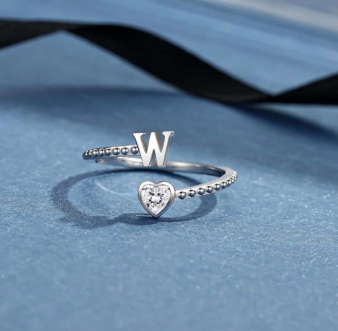 Step Forward 925 Sterling Silver Adjustable Initial Ring for Women | Non Tarnish Letter Rings for Lady | Alphabet Heart Thumb Rings | Capital Letter Jewelry Gifts