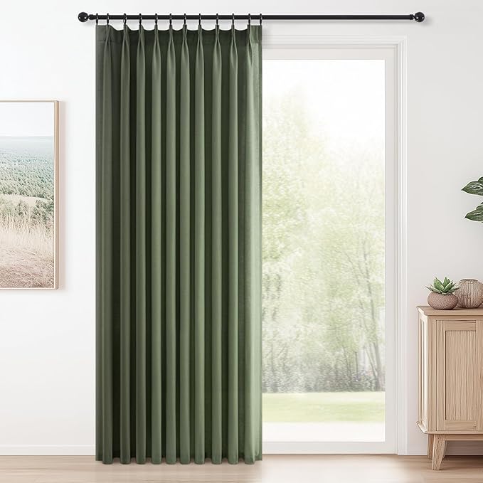Topfinel 96 Inches Long Pinch Pleated Semi Sheer Curtains,Olive Green Linen Blended Light Filtering Window Curtains 96 Length for Living Room Bedroom Pinch Pleat Drapes with Hooks 1 Panels 60" Wx96 L