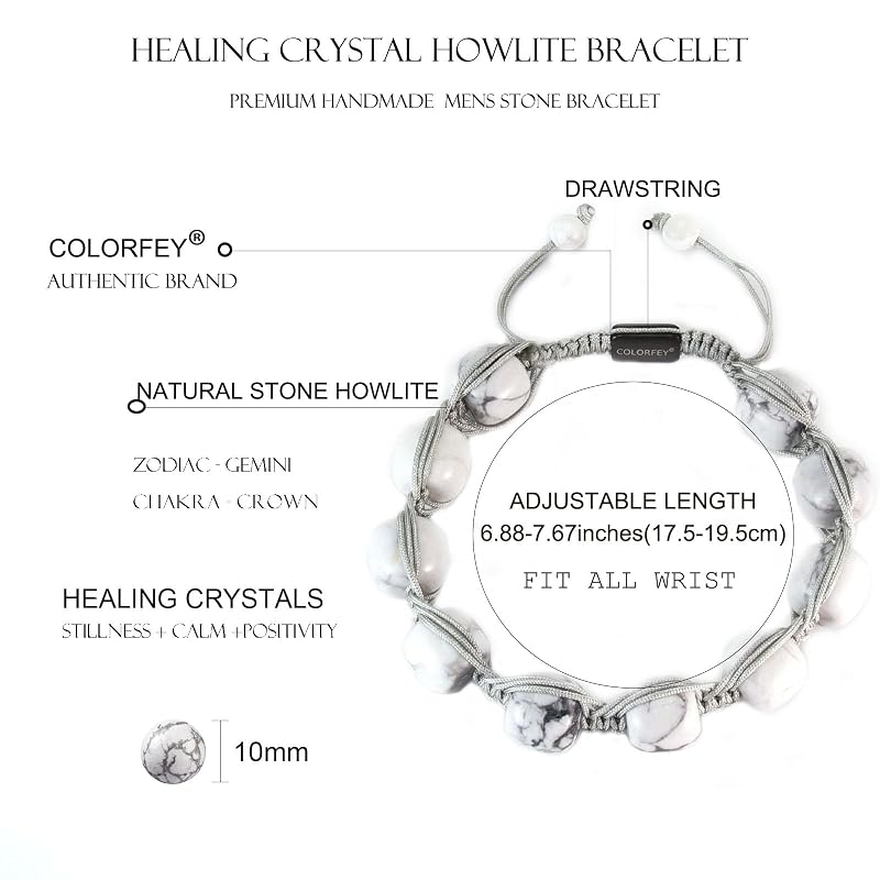 Protection Crystal Howlite Bracelet for Men, Authentic Mens Bracelet Beads Energy Howlite Stone Bracelets White Handmade Beaded Jewelry, Masculine Drawstring Bracelets Chirstmas Gift for Him