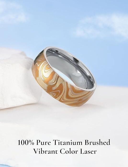 King Will Titanium Wedding Ring for Men Women, 8mm Width Gold/Silver Wedding Band with Unique Random Laser Textured and Multi-Color Laser Engraved Titanium Ring Comfort Fit and Durable Size 8-12