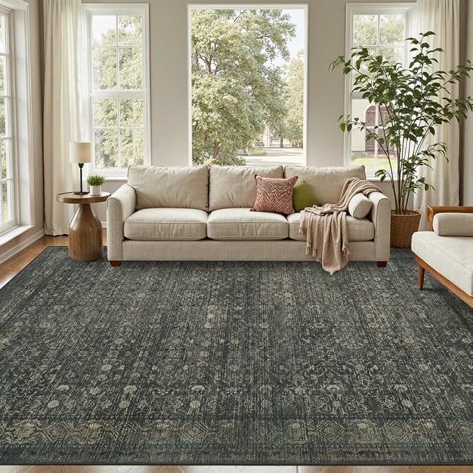 8x10 Washable Area Rug for Living Room, Extra Large,Green Vintage Floral Boho Rugs for Dining Room, Farmhouse, Durable Low Pile Non Slip Carpet for High Traffic Areas, Moss Brown