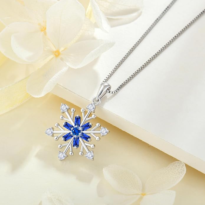 925 Sterling Silver Snowflake Necklace Birthstone Snowflake Pendant Necklaces for Women Cubic Zirconia Christmas Jewelry