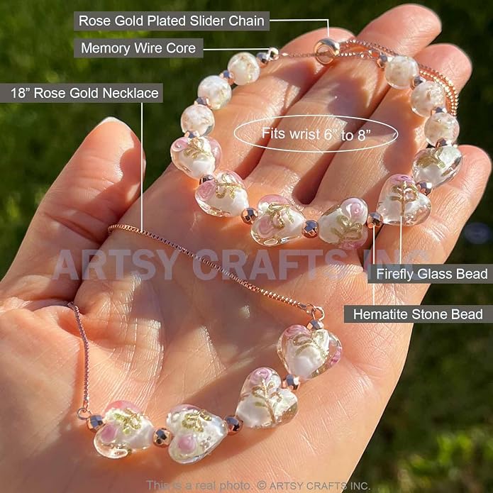 ARTSY Crafts Glow in the Dark Heart Shaped Glass Bead Bracelets & Necklaces, Handmade in USA