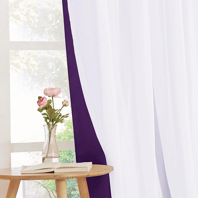 PONY DANCE Bedroom Curtains Purple - Mix & Match Room Darkening Curtains with White Crushed Sheer Voile, 52" Wide and 63" Long, Royal Purple, 2 Panels