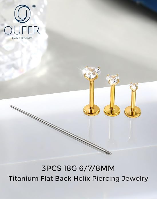 OUFER 18G 6/7/8MM Flat Back Cartilage EarRings-3PCS Gold Titanium Extended Internally Threaded Lip Piercing 2/3/4MM Round Clear CZ Helix Piercing Jewelry