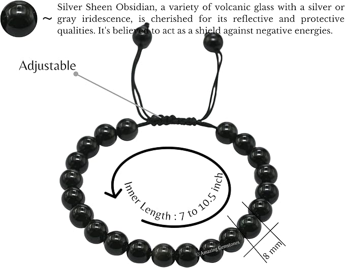 Amazing Gemstone Silver Sheen Obsidian Bracelet for Women Men's Gifts - Protection Healing Crystal Bracelet - 8mm Gemstone Beaded Adjustable Bracelet
