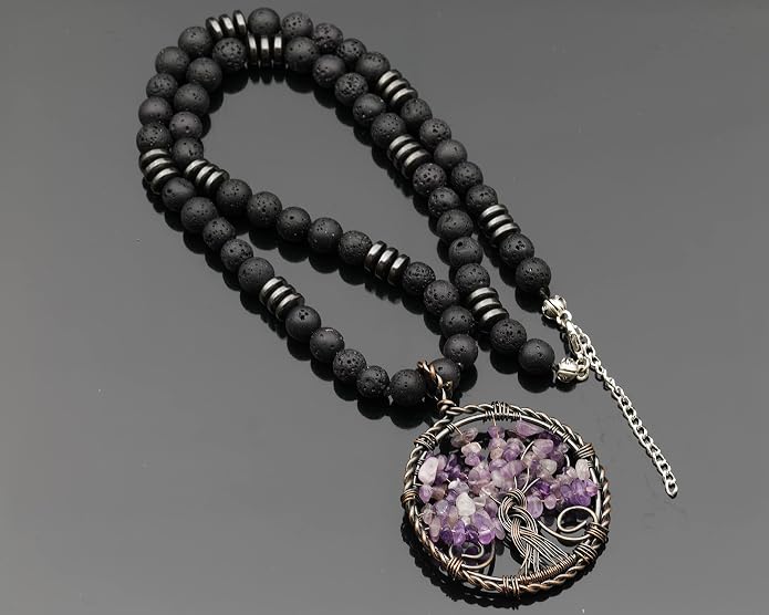 ElisaJewelryArt - Natural Labradorite Big Tree Of Life Black Lava Stone Beaded Necklace Genuine Gemstone Energy Stone Clasp Closure Necklace Unisex Necklace