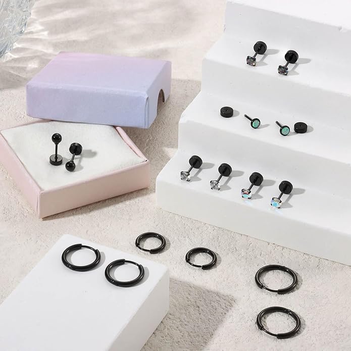 Jstyle 23 Pairs Black Hypoallergenic Stainless Steel Earrings Set Flat Back Studs and Hoops for Sensitive Ears 20G Cartilage Helix Tragus Lobe Piercing Jewelry for Women Men