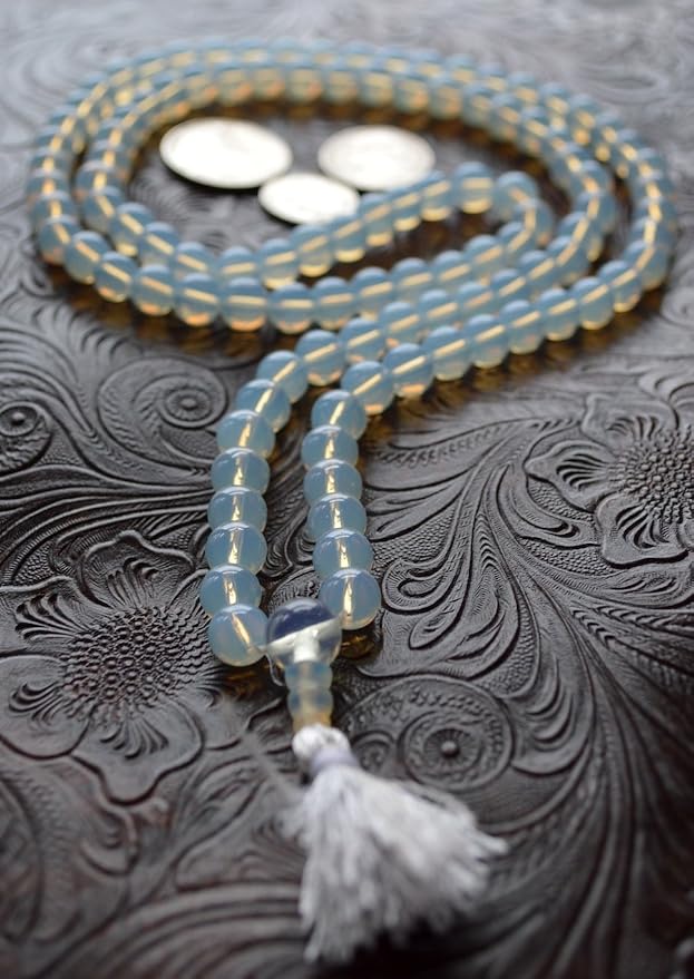 Opal Opalite Moonstone Necklace, 8mm 108 Mala Beads, Libra Sun Sign, Crown Chakra