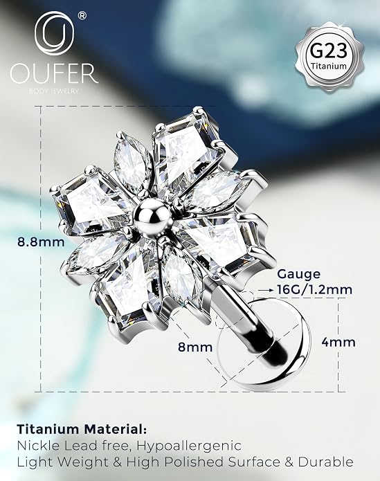 OUFER Body Piercing Titanium Cartilage Earrings 16G Flower Helix Earrings for Women Internally Thread Tragus Piercing Jewelry 8MM Conch Helix Tragus Stud Flat Back Cartilage Piercings for Women