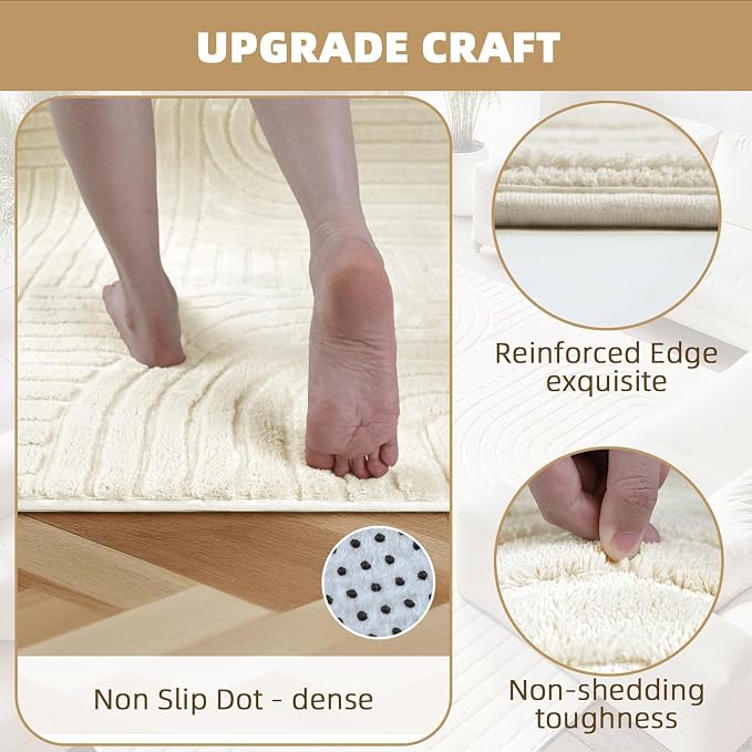 Beige 5x7 Solid Color Area Rugs – Washable Living Room Rug, Modern Geometric Non-Slip Indoor Carpet with Soft High-Low Pile, Fluffy Floor Rugs for Bedroom, Kids Room, Nursery, Home Décor