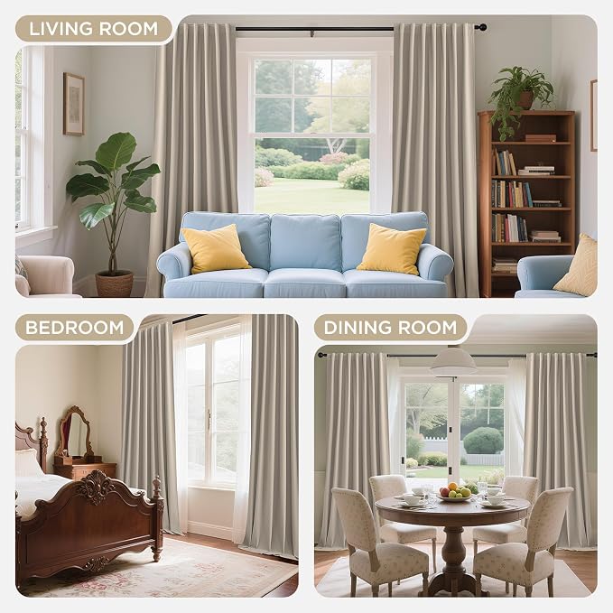 Joydeco 100% Blackout Velvet Curtains Beige 102 Inch Back Tab | Luxury Thermal Insulated Velvet Curtains for Bedroom Living Room, Soundproof Blackout Window Drapes