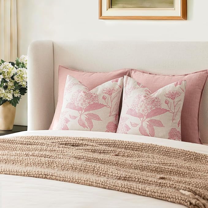Foindtower Set of 2 Linen Floral Throw Pillow Covers Neutral Vintage Print Decorative Cozy Cushion Covers Farmhouse Boho Home Decor for Sofa Chair Couch Bedroom Living Room,18×18 Inch,Light Pink