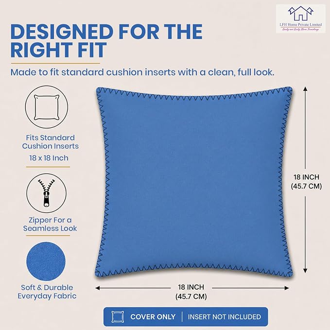 LFH Home Sky Blue Cotton Rich Throw Pillow Covers 18x18 Set of 2, Decorative Cushion Covers with Blanket Stitch Edge, Farmhouse Accent Pillow Cases for Sofa Couch Bed Living Room, 18 x 18 Inch