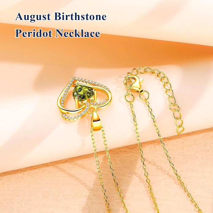 Anniversary Charm Necklace, Sterling Silver 14K Gold Plated Chain with Interlocking Heart Pendant Elegant Birthstone Necklaces for Women, Length 18"