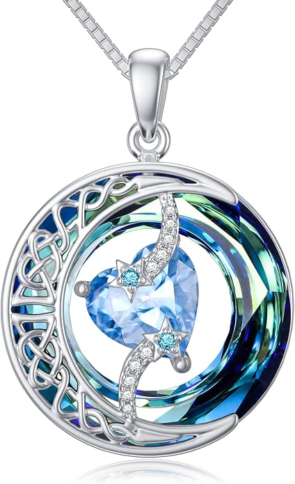 TOUPOP Birthstone Necklace 925 Sterling Silver Moon and Star Pendant Celtic Moon Jewelry with Blue Crystal Anniversary Birthday Gifts for Women Mom Wife Her