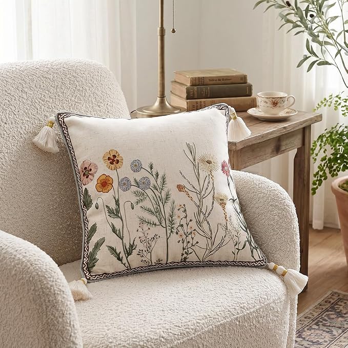ISAENNE Designer Linen Throw Pillow Cover,Set of 2,18"x18"-Serenity D | Vintage French Elegant Square Decor Pillow Cover,Concealed Zipper Design,Light Beige,Sofa,Bedroom,Living Room,Chairs