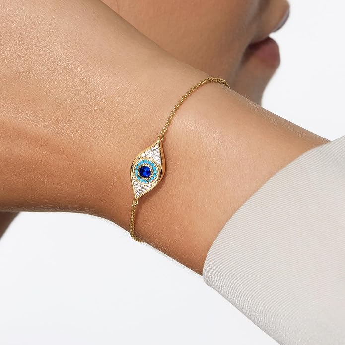Cicy Bell Evil Eye Bracelets 18k Gold Plated Turquoise Zirconia Link Bracelets Trendy Jewelry Gift for Women Adjustable 5.9" with 1.9'' Extender