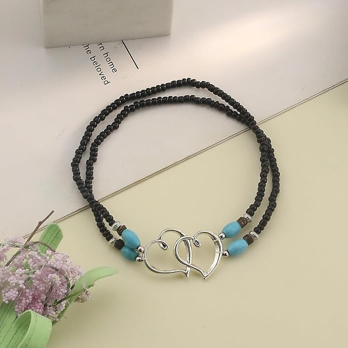 Elastic Beaded Ankle Bracelets for Women Double Heart Layered Stretch Ankle Bracelets Waterproof Dainty Boho Beaded Anklets for Summer Beach Foot Jewelry