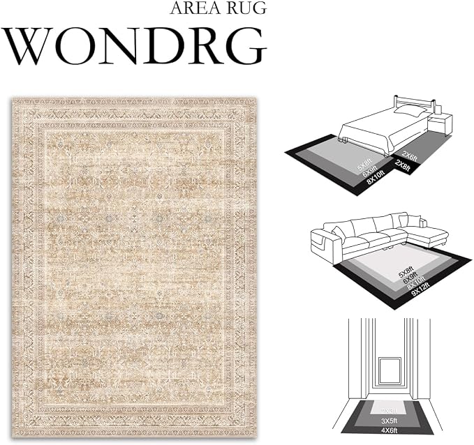 4x6 Beige Neutral Retro Area Rug | Washable, Low Pile, Floral, Soft, Non Slip, Carpet for Living Room Bedroom Dining Room Nursery Office Indoor Home Decor