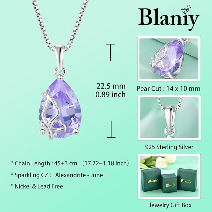 Teardrop Necklace 925 Sterling Silver Butterfly Pendant Necklace Birthstone Jewelry for Women