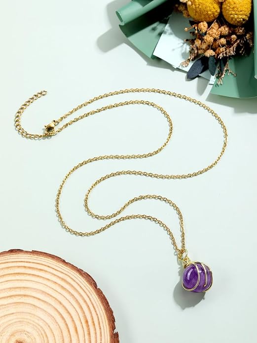 Top Plaza Amethyst Crystal Necklaces for Women Lucky Round Stone Wired Wrap Natural Healing Gemstone Pendant Purple Necklace Protection Jewelry Christmas Gift