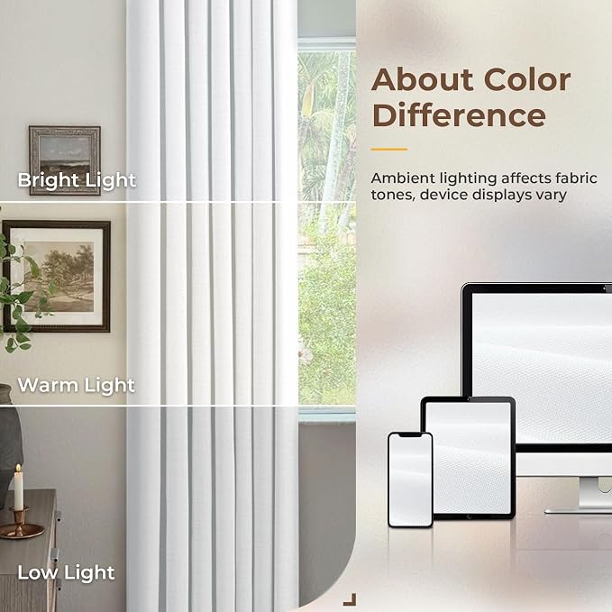 INOVADAY 100% Blackout Curtains for Bedroom, Bright White Black Out Curtains 102 Inch Long, Clip Rings Linen Blackout Drapes, Thermal Insulated Room Darkening for Living Room, 2 Panels - W50xL102