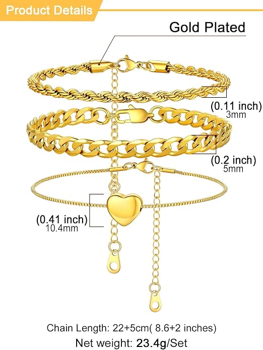 U7 2Pcs/3Pcs Ankle Bracelets for Women, Stainless Steel Cuban Link/Figaro/Rope/Heart Chain Anklets Sets,Waterproof Layered Anklets Adjustable 8.5"-10.5"