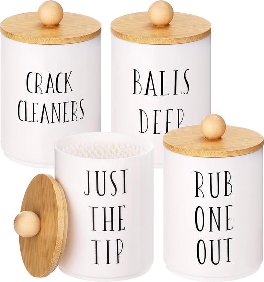 Tbestmax 4 Pack Qtip Holder Dispenser White Plastic Apothecary Jars for Bathroom Organizer, 10oz Storage Containers for Cotton Ball, Cotton Swab, Floss