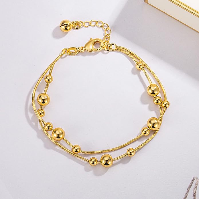 Womens Anklet 925 Sterling Silver Layered Anklet Bracelet Dainty Beaded Foot Chain Adjustable Summer 24k Gold Plated Beach Jewelry Gift