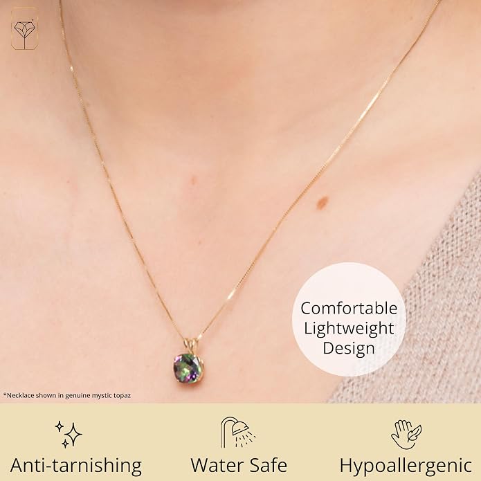 MAX + STONE Cushion Cut Gemstone Necklace | 8mm Solitaire Birthstone Necklace for Women | Gemstone Pendant Necklaces with 18 inch Box Chain