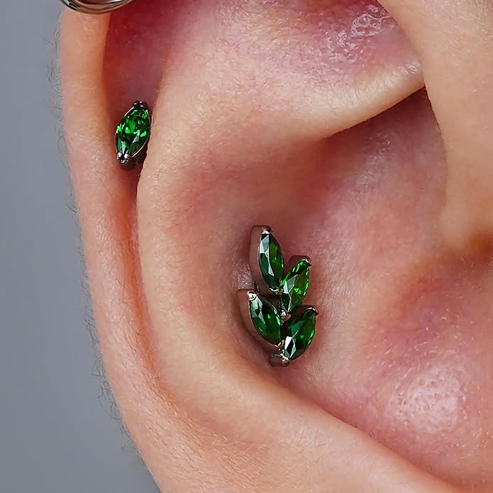 FINE4U 1PC Leaf Flat Back Stud Flat, Helix, Conch, Tragus 6mm 8mm - ASTM F136 Titanium Screw on Body Piercing Jewelry