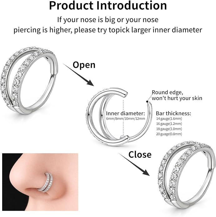 20/16G CZ Hinged Nose Rings Hoop, 316L Surgical Stainless Steel Cartilage Earring, Septum Clicker Ring, Daith Helix Rook Tragus Conch Lip Lobe Piercing Jewelry