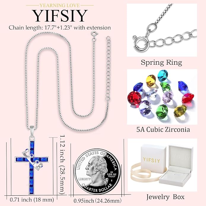 Gemstone Crown Cross Necklaces for Women, 925 Sterling Silver Rectangular cut Zircon Pendant With Rotated Crown Faith Cross Jewelry Gift