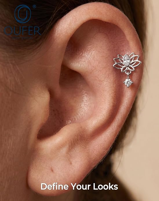 OUFER Silver Flat Back Earrings-16G Gold Forward Helix Piercing Jewelry, Internal Thread Clear CZ Pendant Helix Cartilage Tragus Conch Lobe Piercing Jewelry