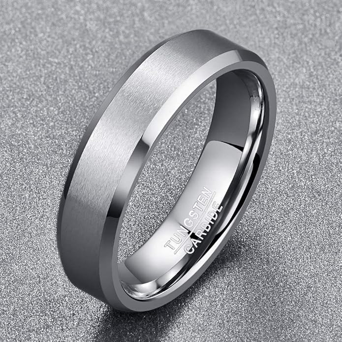 Vakki Tungsten Rings for Men 6mm Silver Matte Finish Tungsten Wedding Band Polished Beveled Edge Comfort Fit Size 6-13
