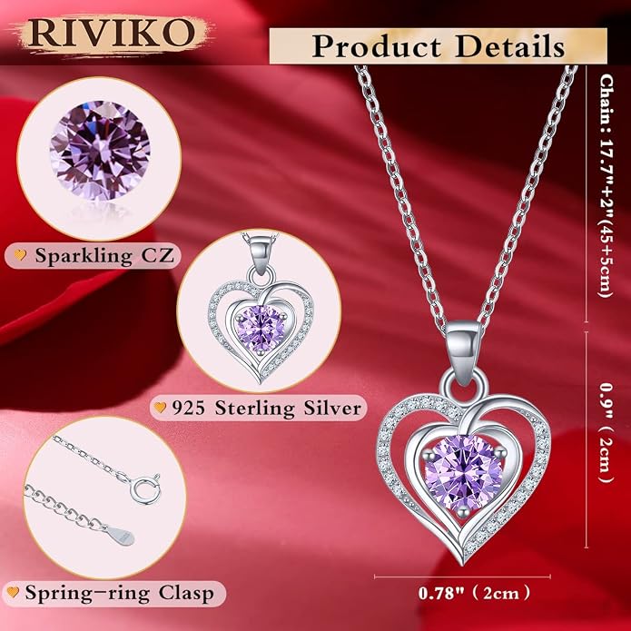 RIVIKO Heart Birthstone Pendant Necklace for Women 925 Sterling Silver Zirconia Necklaces Valentine's Day Anniversary Birthday Mothers Day Jewelry Gifts For Her Mother Wife
