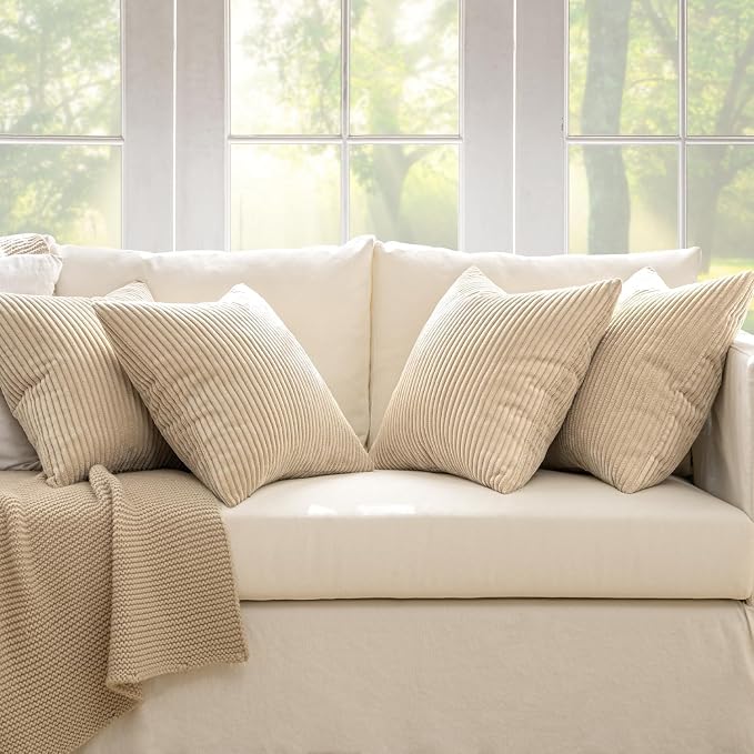 MIULEE Boho Farmhouse Throw Pillow Covers 20x20 Inch Set of 4 Mordern Nordic Cushion Covers Soft Corduroy Spring Home Decor for Couch Bed Sofa Living Room Beige