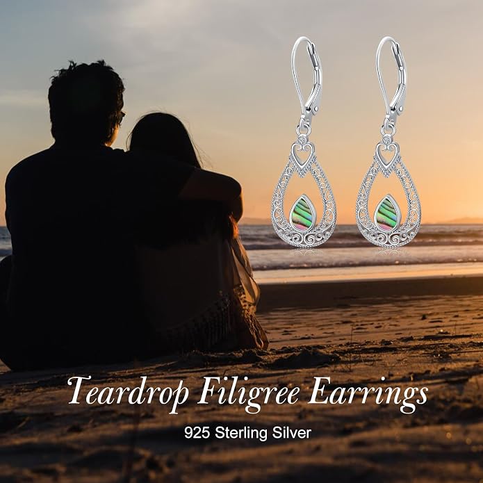 Teardrop Filigree Earrings Sterling Silver Earrings for Women Abalone Shell Jewelry for Women