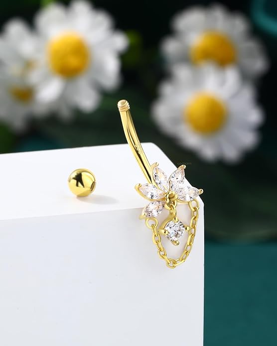 COCHARM Lotus 14K Gold Plated Belly Button Rings 925 Sterling Silver Belly Button Ring Dangle Navel Piercing Jewelry 10MM