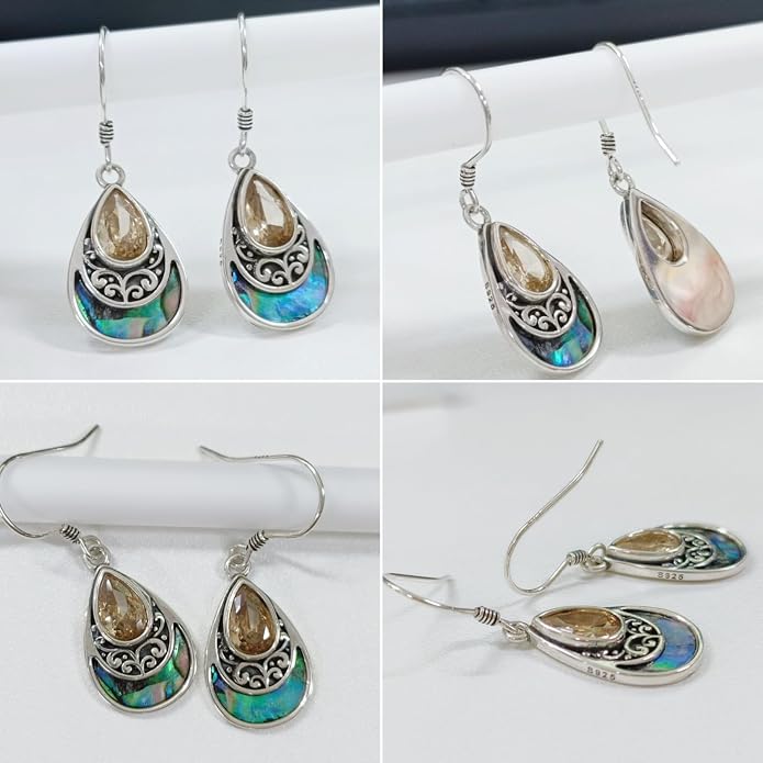 PELOVNY 925 Sterling Silver Filigree Dangle Earrings Hypoallergenic Abalone/Cubic Zirconia/Moonstone Earrings Vintage Jewelry Christmas Birthday Gifts for Women Mom Her