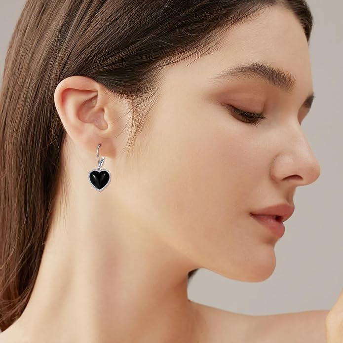 Mother of Pearl/Black Onyx/Abalone Shell Heart Leverback Dangle Earrings Sterling Silver Fashion Jewelry Gifts for Women