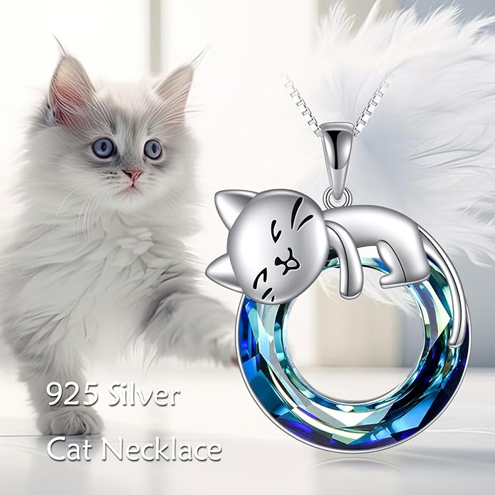 Cat Necklace Sterling Silver Cat Zircon Pendant Gothic Jewelry for Women Animal Lovers Gifts