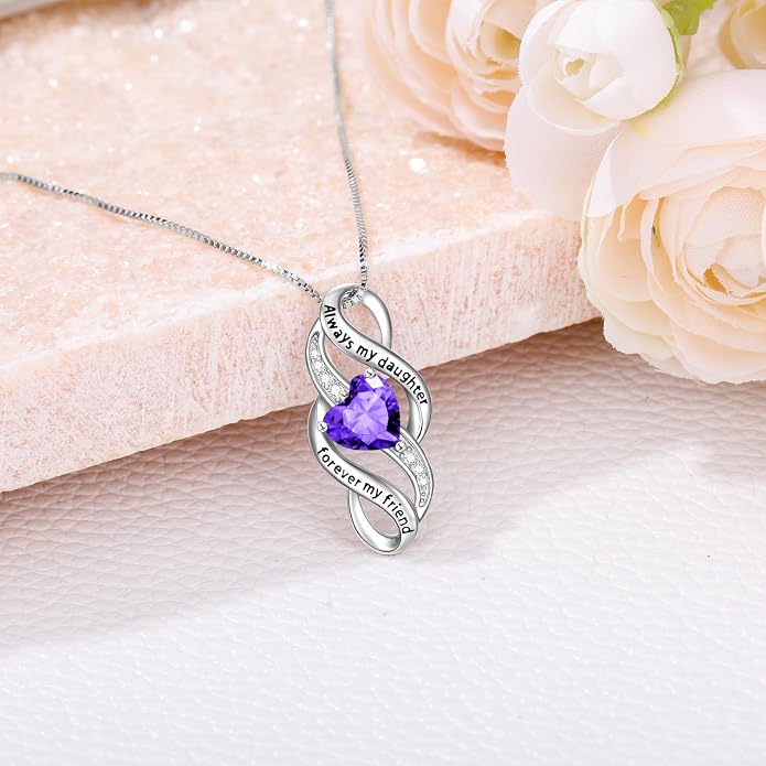 Daughter Necklace 925 Sterling Silver Always My Daughter Forever My Friend Infinity Necklace to Daughter Birthday Gift from Mom with 12 Birthstones
